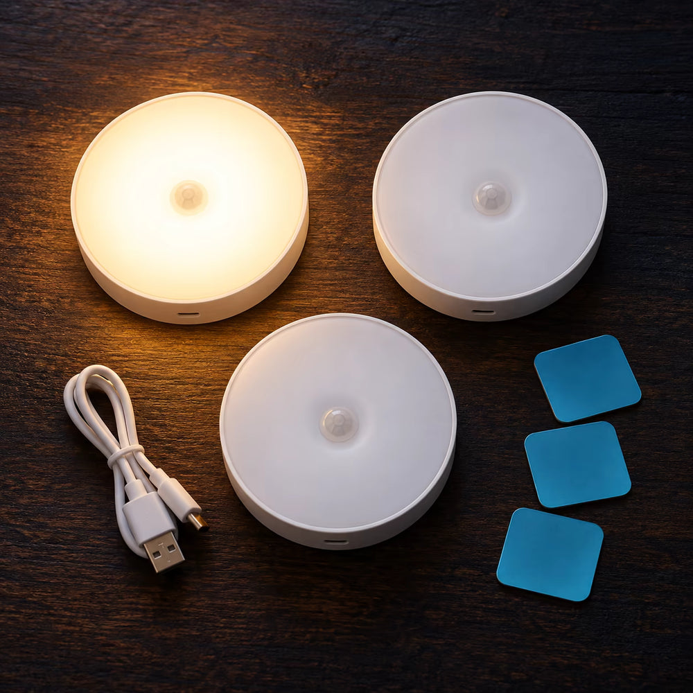 Las tres luces LED con su base magnética y el cable USB