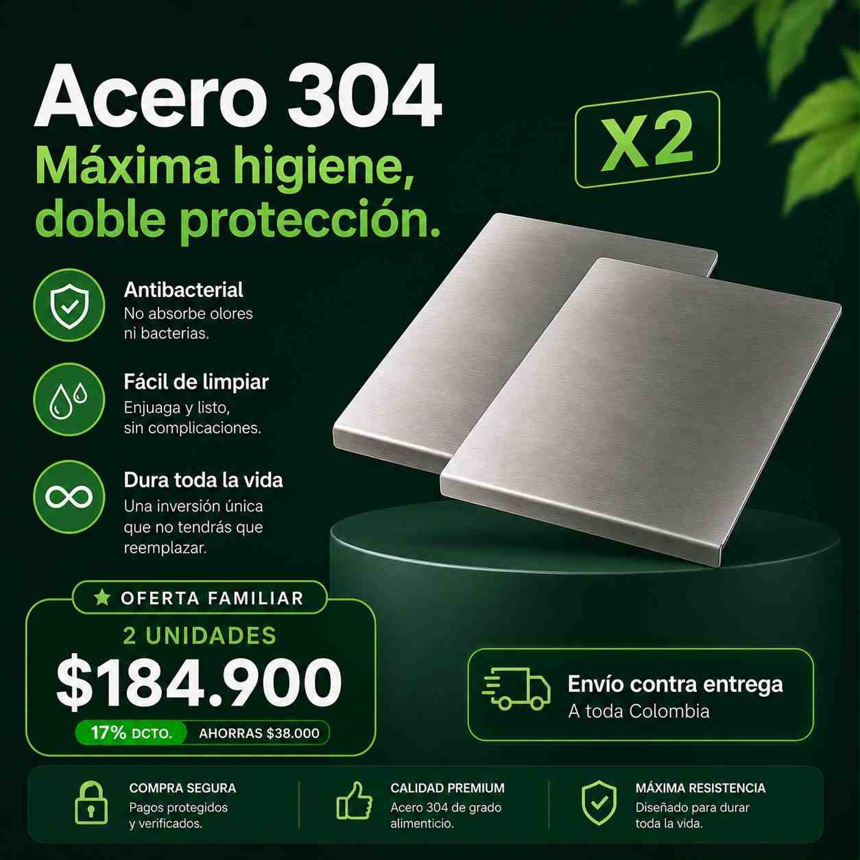 Tabla de corte profesional — acero inoxidable grado médico 50cm*40cm